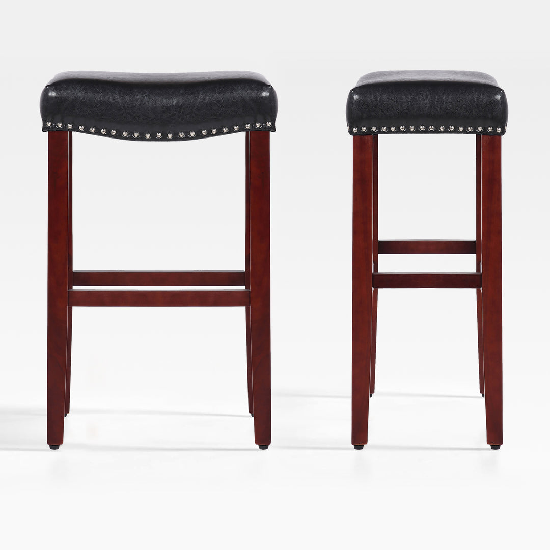 Lenox 29" upholstered nail head bar counter stools with Cherry Red color legs (2 piece set)
