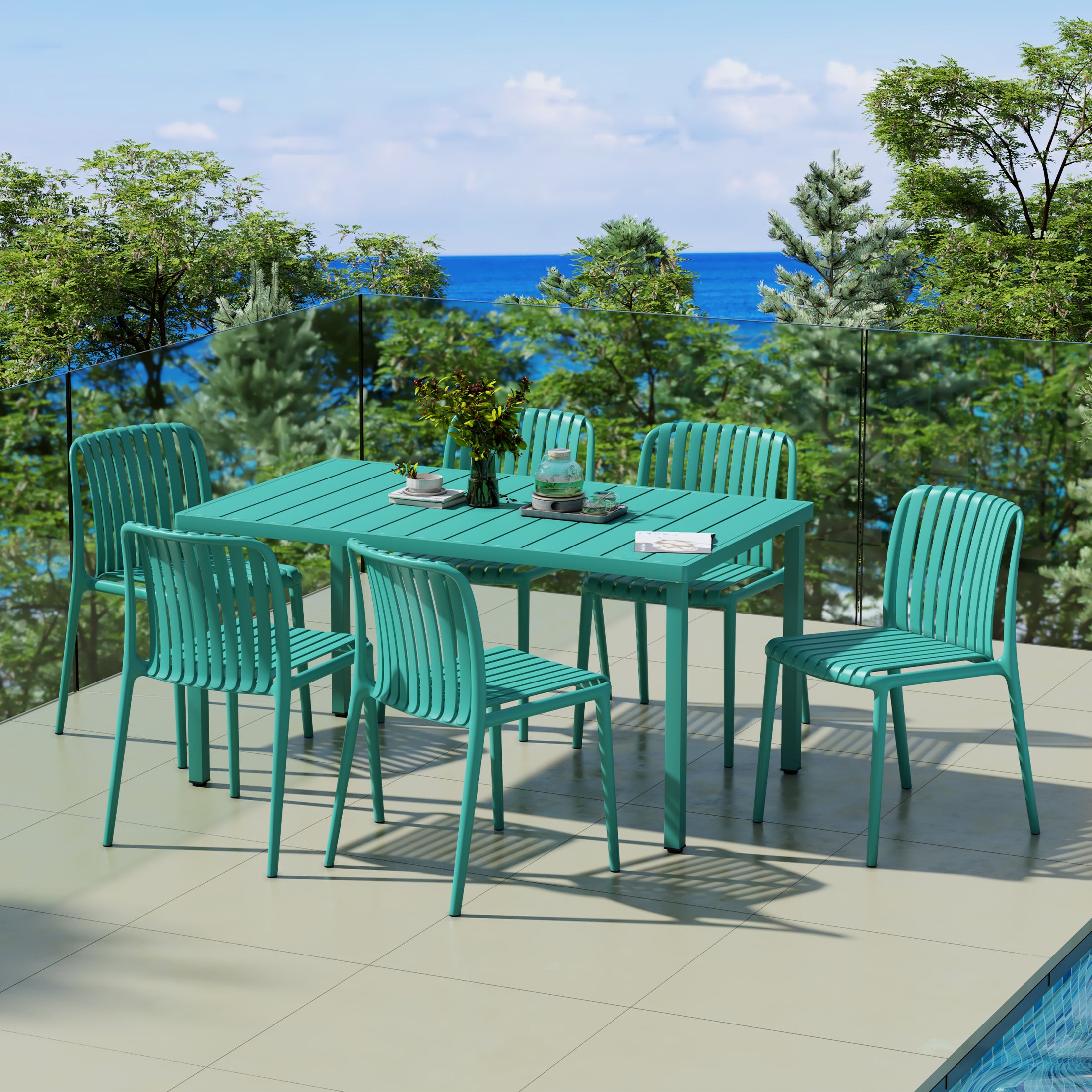 Playa 7-Piece Outdoor Patio Dining Table Set With Stackable Patio Chairs