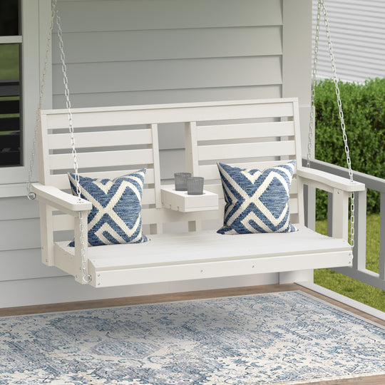 St Charles Outdoor HDPE 54" Front Hanging Porch Swing Bench With Cupholders