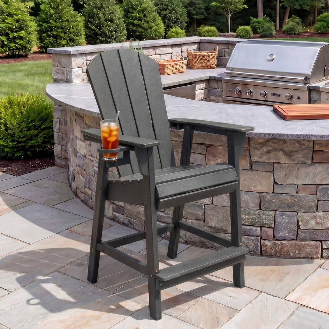 Malibu Outdoor HDPE  Tall Adirondack Counter Height Bar Chair With Cup Holder