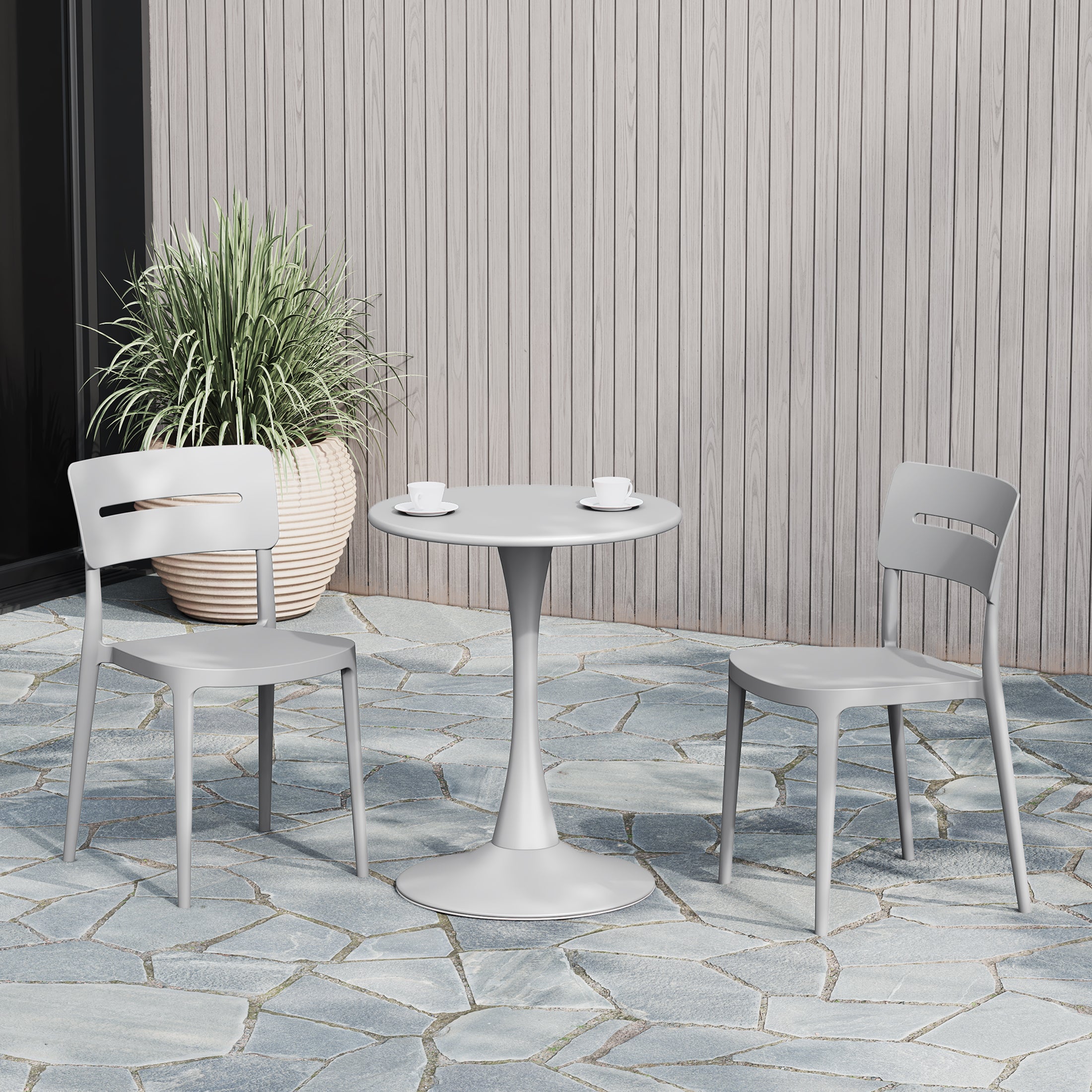 Playa 3-Piece Outdoor Round Metal Patio Dining Table Set With Stackable Patio Chairs