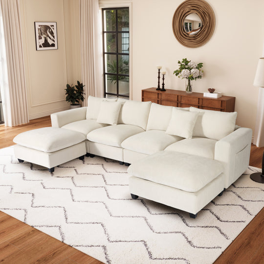 Augusta 128" Chenille Modular U-Shaped Sectional Couch and Chaise With USB/Type-C Ports and Side Pockets