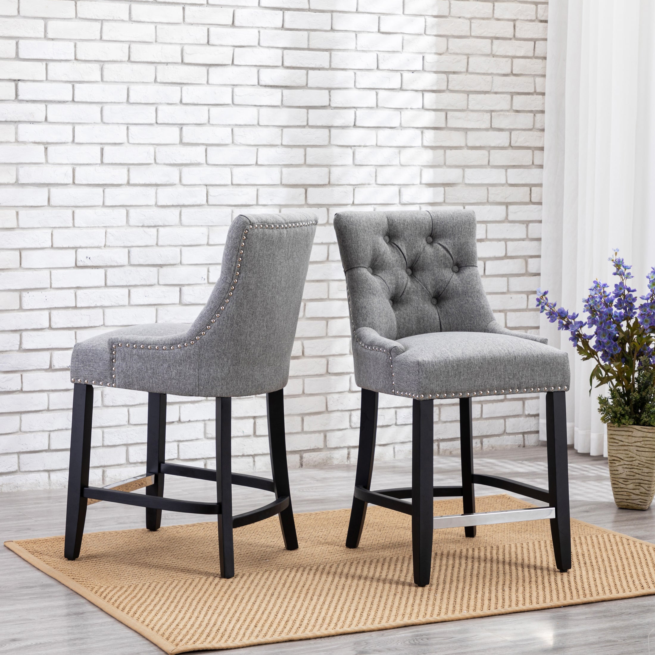 Hayes 24" Upholstered Wood Bar Stool with Tufted Back (Set of 2)