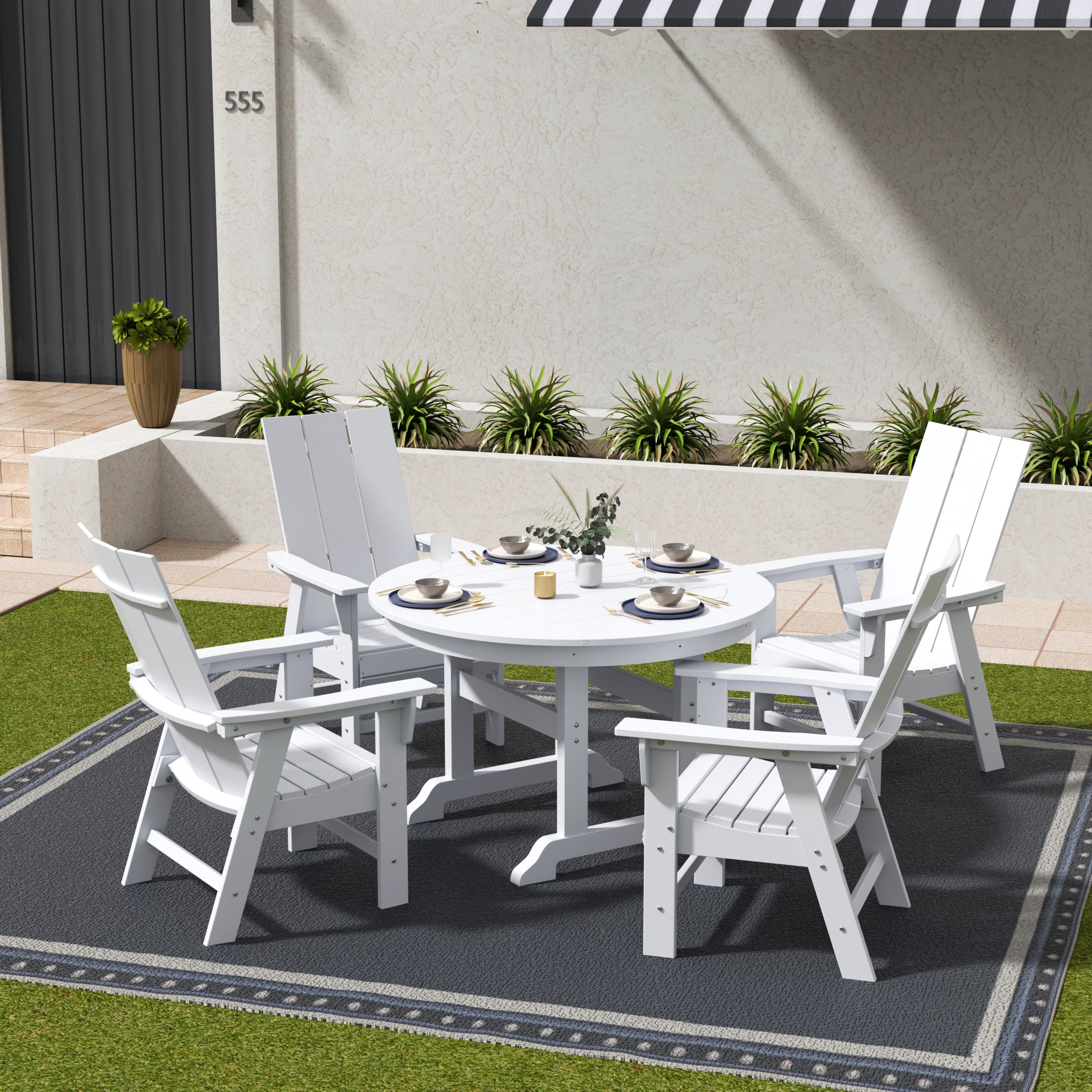 Ashore 5 Piece Outdoor Patio Dining Round Table and Modern Armchair Set