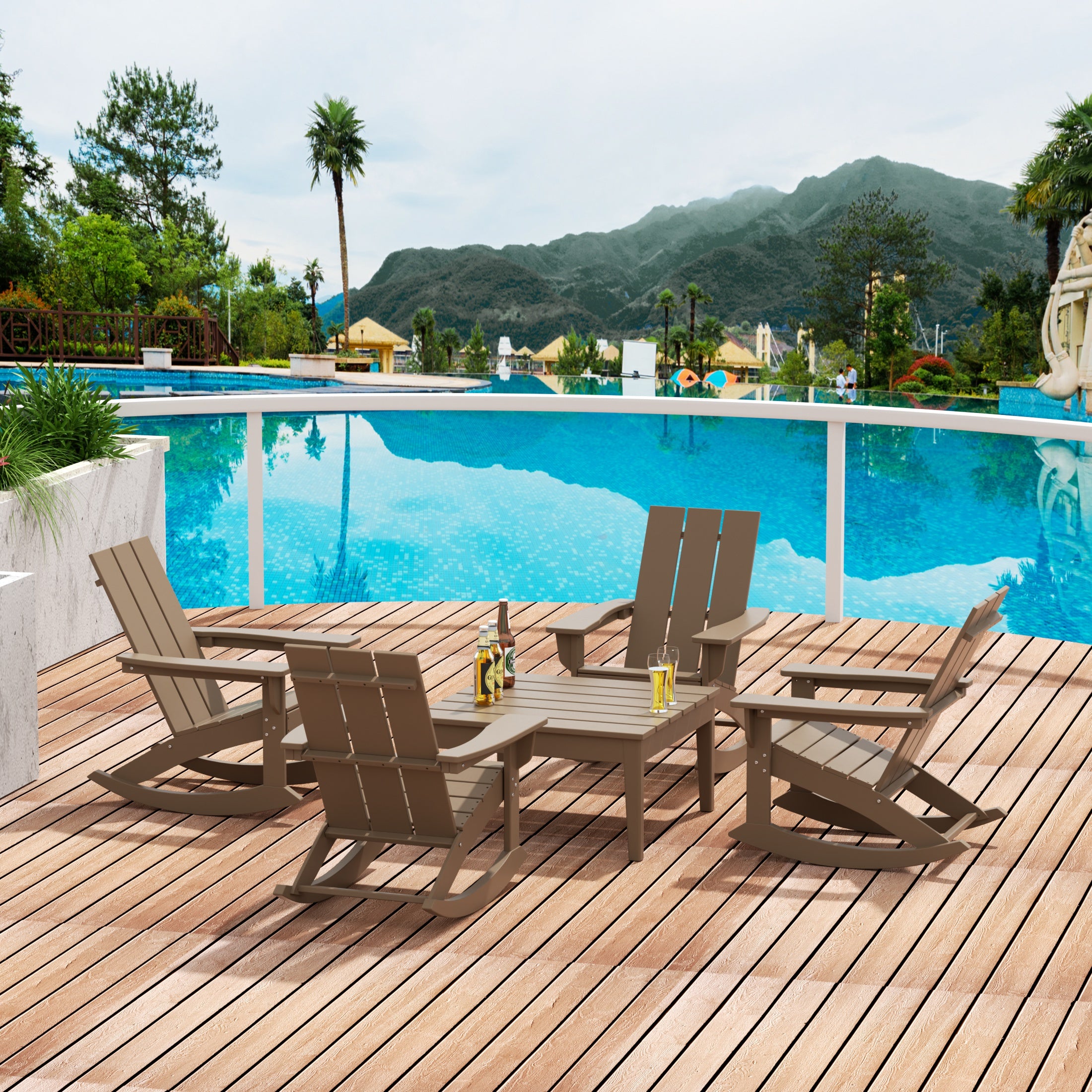 Ashore 5-Piece Set Modern Plastic Outdoor Rocking Chairs with Square Side Table