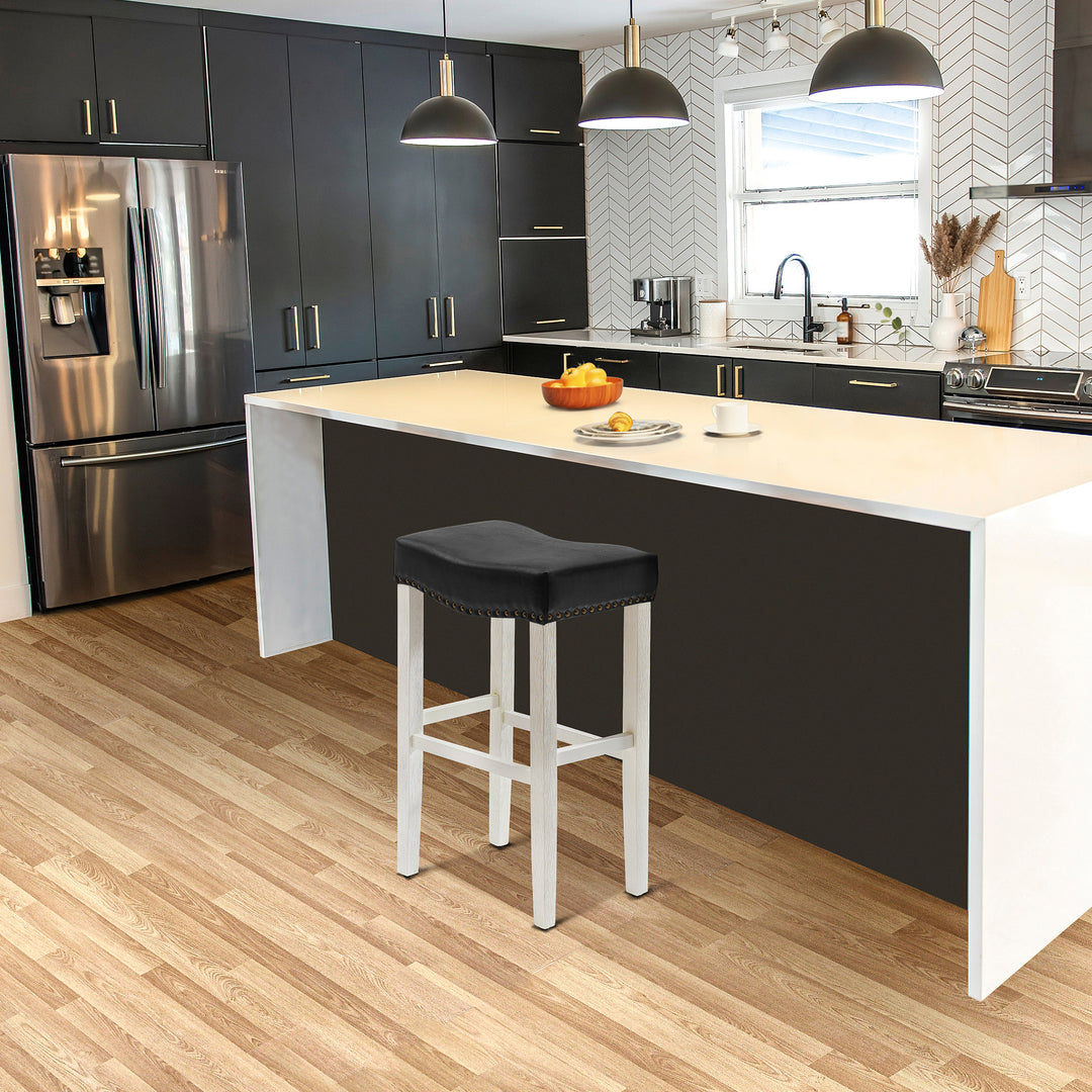 Lenox 29" upholstered nail head bar counter stools with Antique White color legs