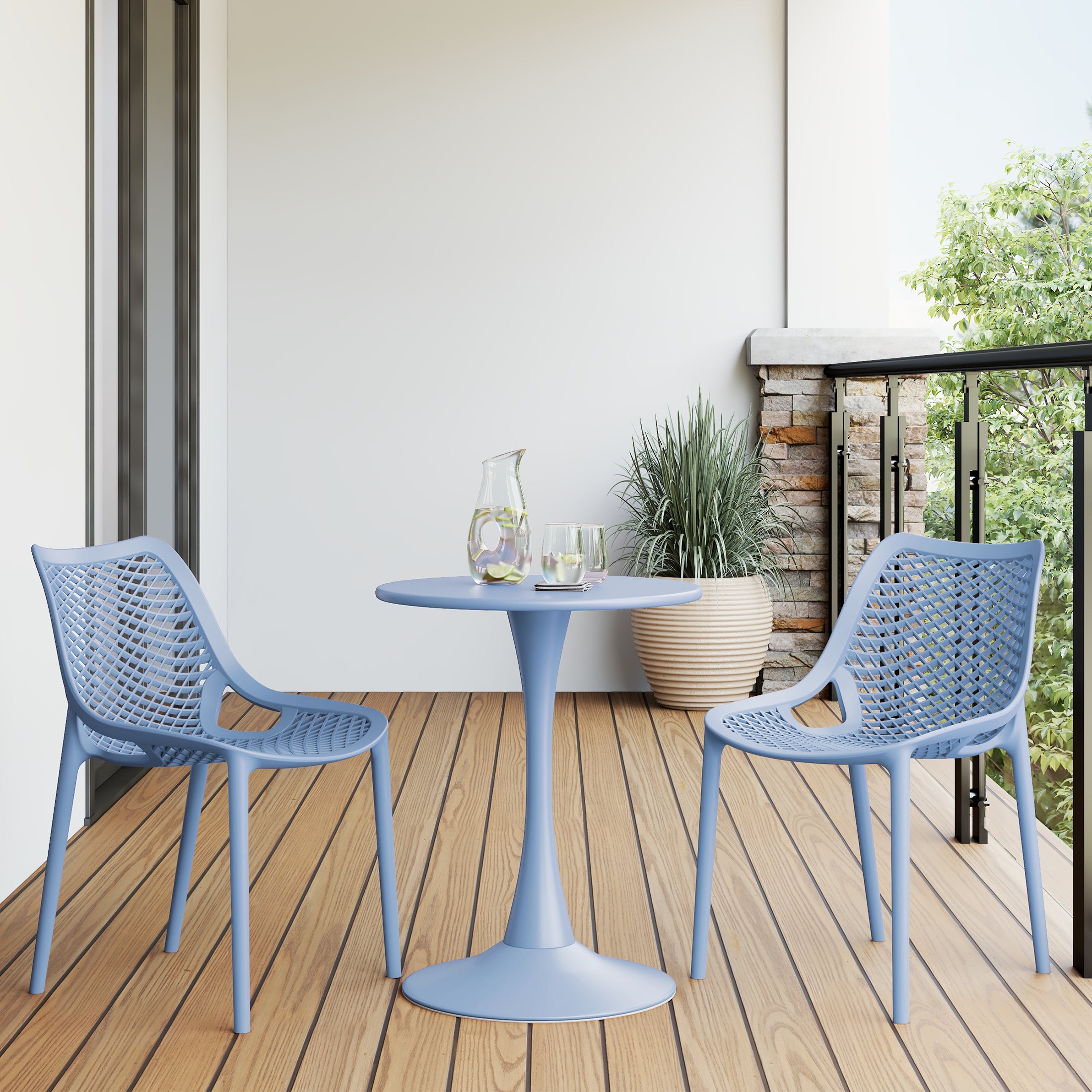 Playa 3-Piece Outdoor Round Metal Dining Table Set And Stackable Resin Patio Dining Side Chairs