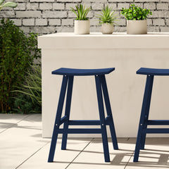 Malibu 29 inch bar height bar stool in Navy Blue styled outdoors