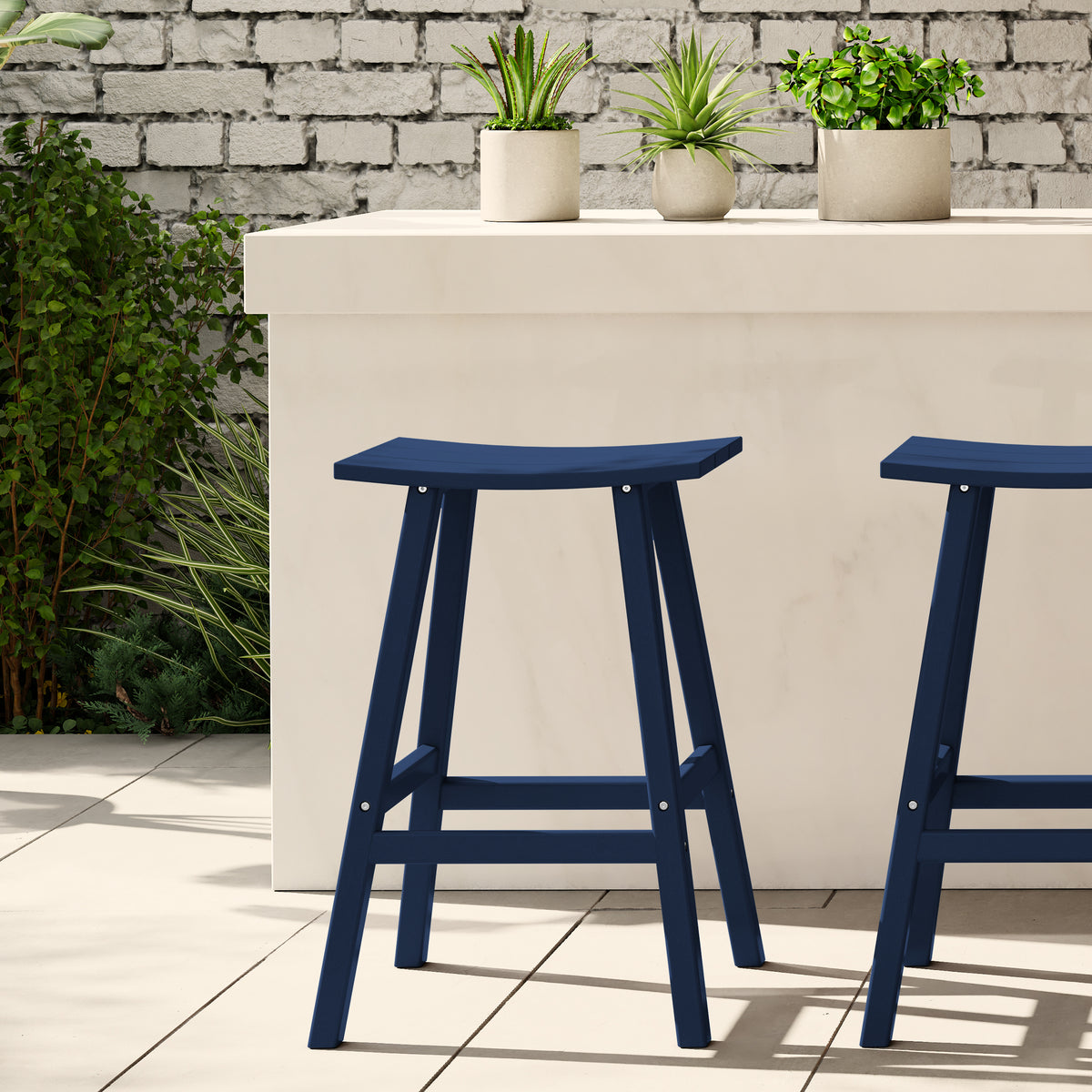Malibu 29 inch bar height bar stool in Navy Blue styled outdoors
