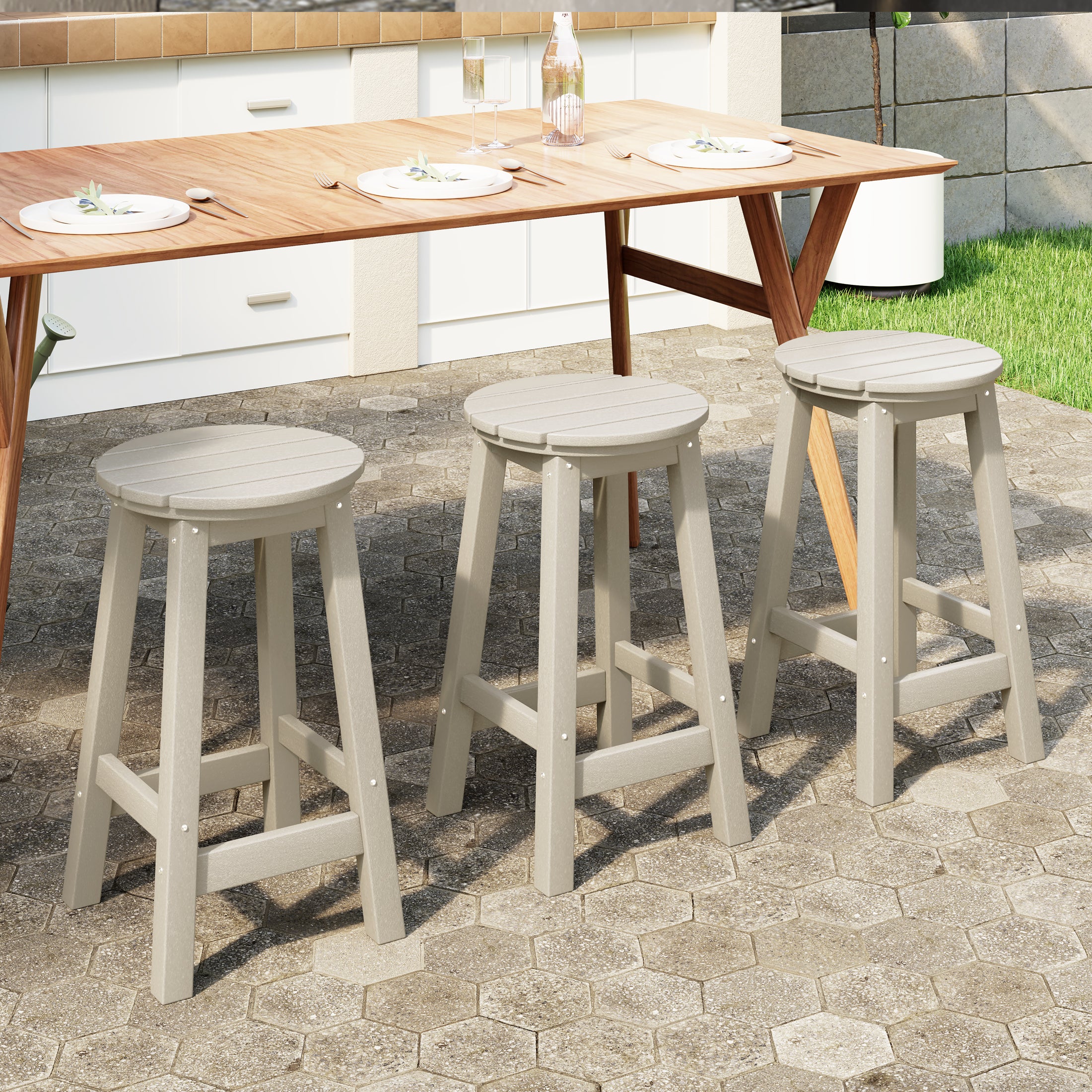 Malibu 24" HDPE Outdoor Patio Round Counter Height Bar Stool Set of 3