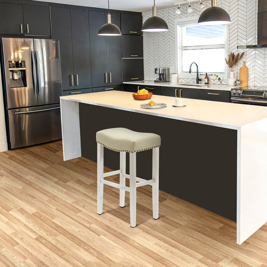 Lenox 29" upholstered nail head bar counter stools with Antique White color legs