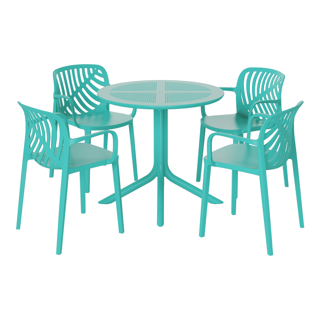 Playa 5-Piece Outdoor Resin Round Patio Dining Table Set with Modern Stackable Patio Dining Chairs