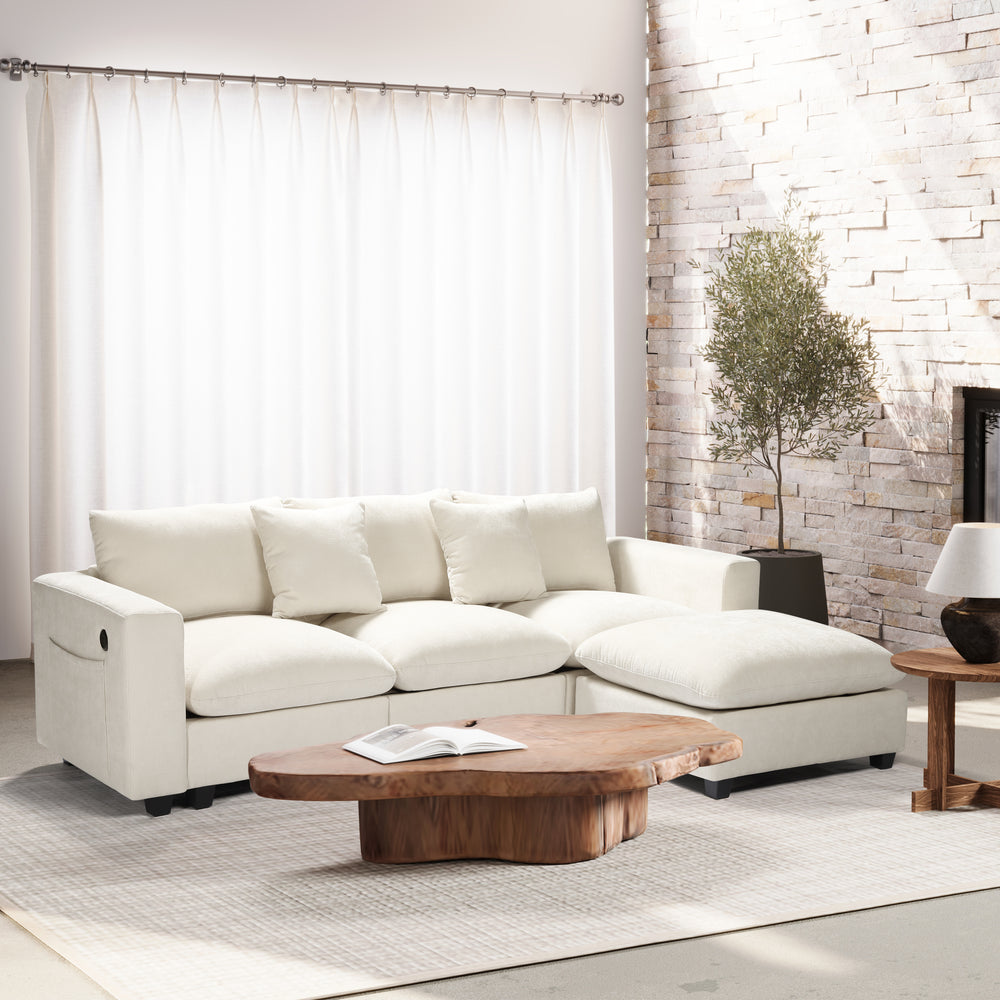 Augusta 99" Modular Chenille L-Shaped Sectional Sofa and Chaise With USB/Type-C Ports and Side Pockets
