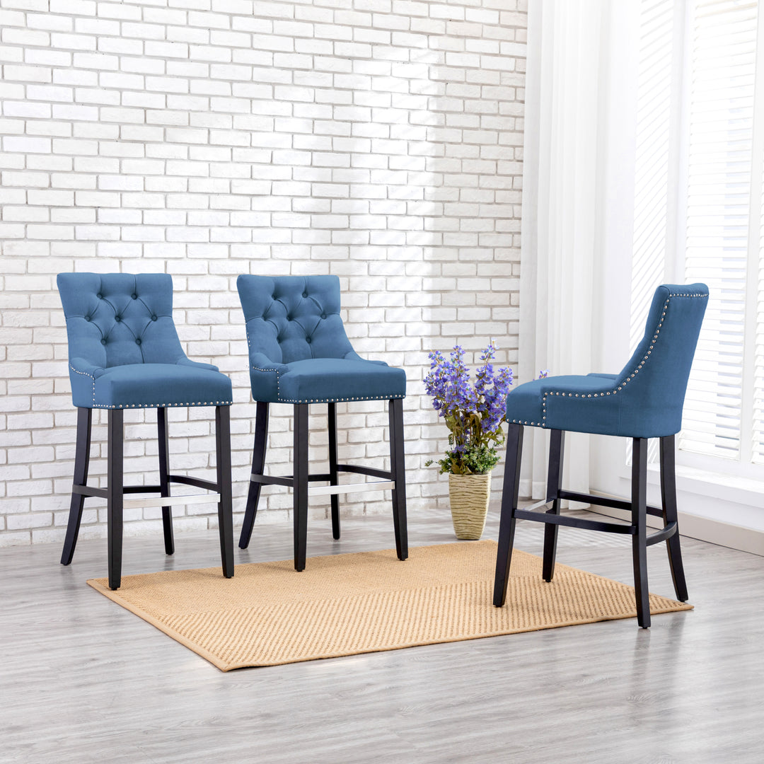 Hayes 29" Upholstered Tufted Wood Bar Stool (Set of 3), Black