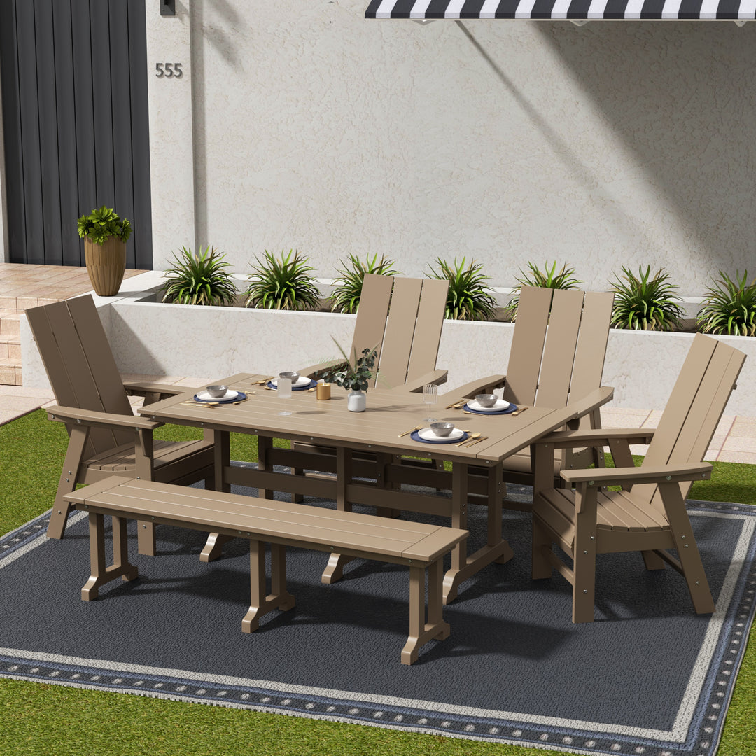 Ashore 6 Piece Outdoor Patio Rectangle Dining Table and Dining Bench Modern Armchair Set