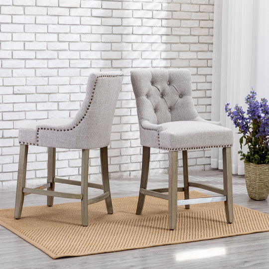 Hayes 24" Upholstered Tufted Wood Bar Stool (Set of 2), Antique Gray