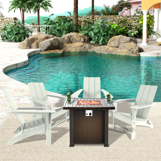 Ashore Modern Folding Poly Adirondack Chair With Square Fire Pit Table Set