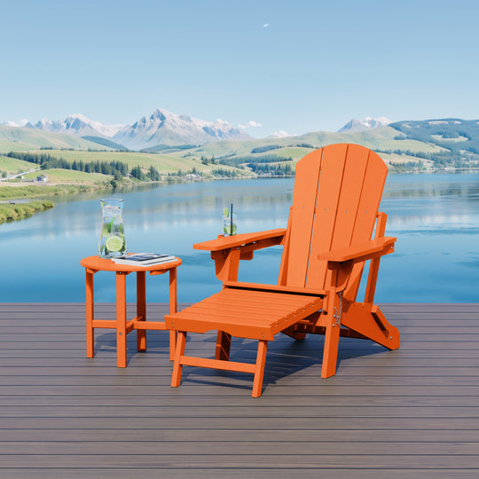 Malibu 2-Piece Outdoor Folding Adjustable Adirondack Chair with Cup Holder & Hideaway Ottoman and 18" Side Table