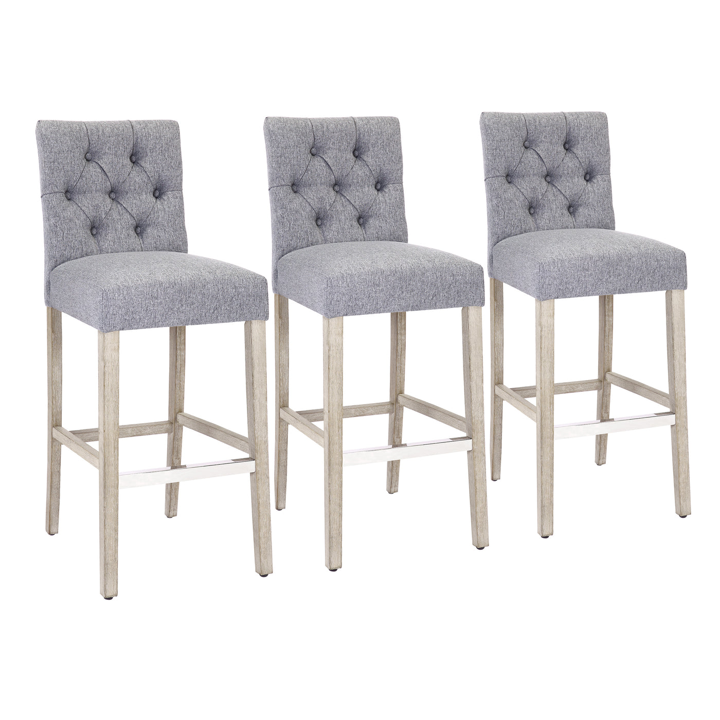 Hayes 29" Linen Fabric Tufted Bar Stool (Set of 3), Antique Gray