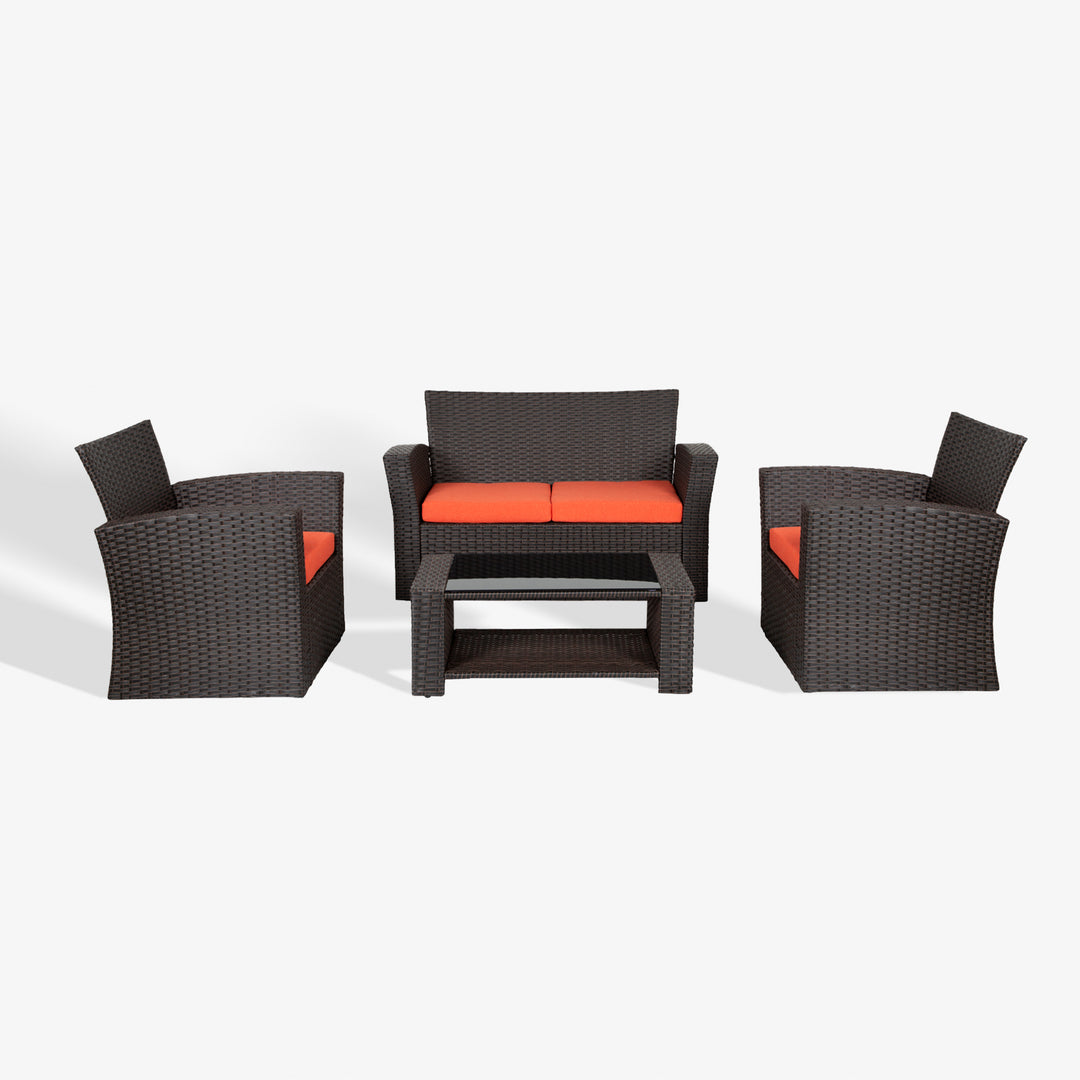 Coastal 4-Piece set Chocolate color base Outdoor / Patio Wicker Rattan Conversation Sofa set with cushions and a Coffee table ( 4 seater )