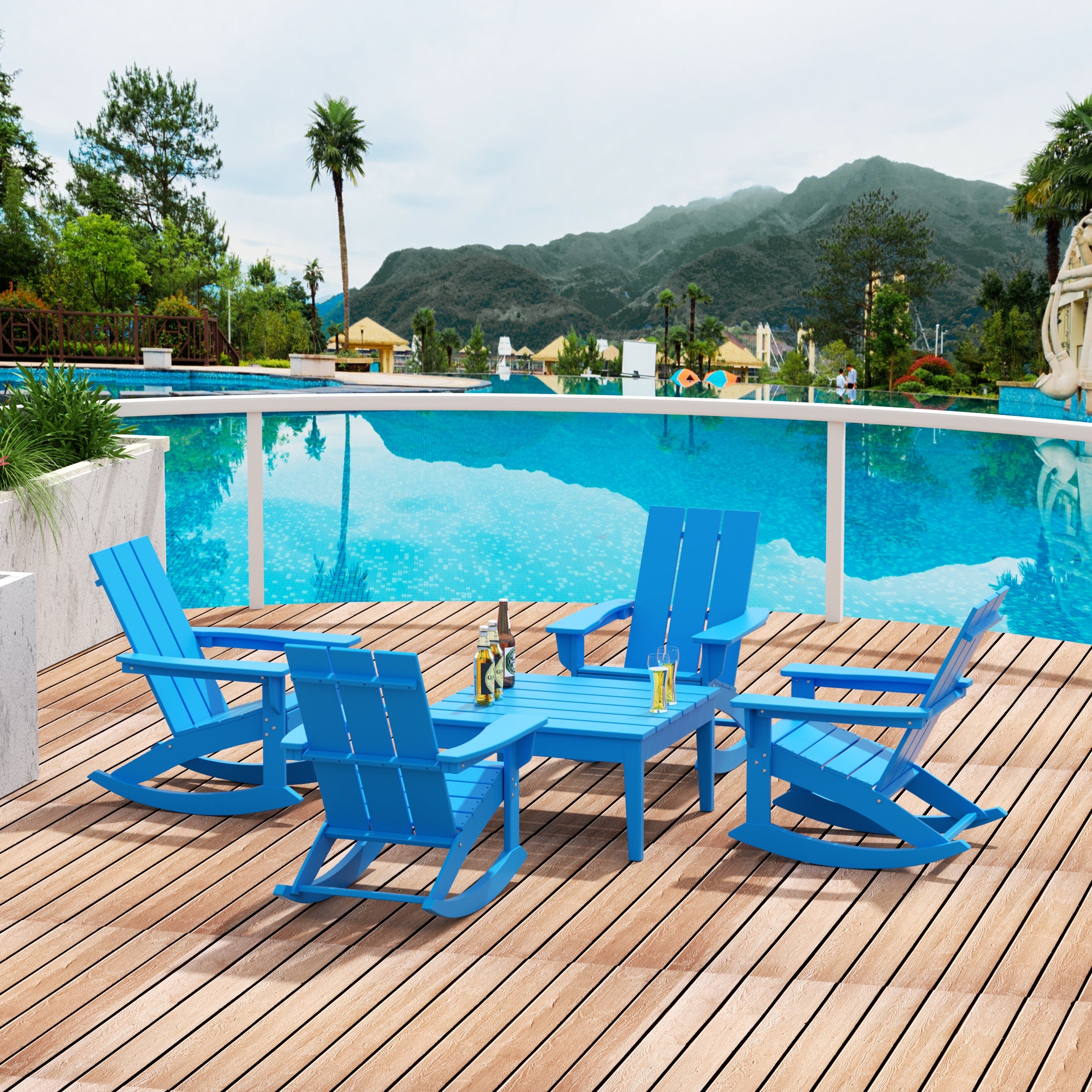 Ashore 5-Piece Set Modern Plastic Outdoor Rocking Chairs with Square Side Table