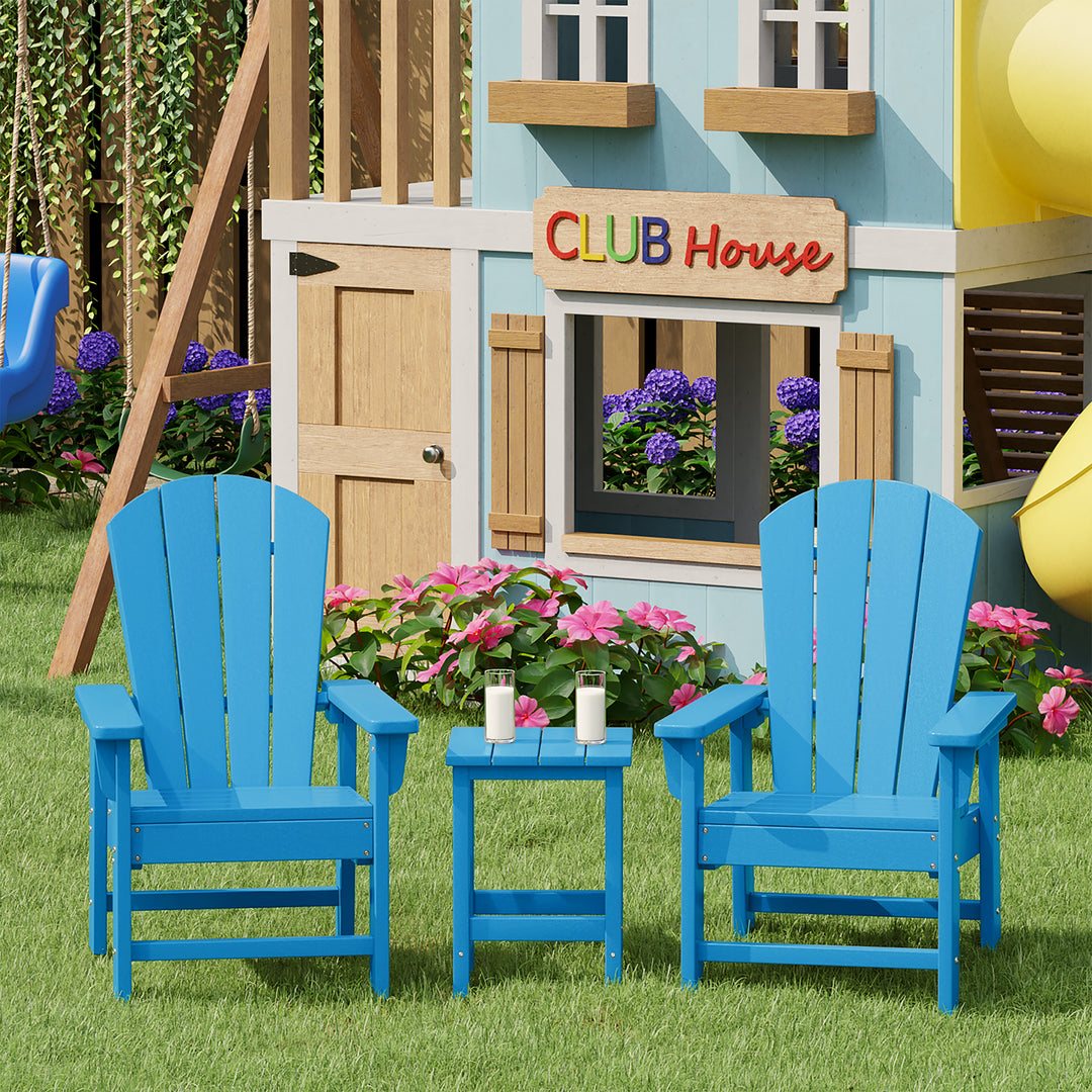 Malibu Kids 3-Piece Outdoor HDPE Adirondack Chairs With Square Side Table Set