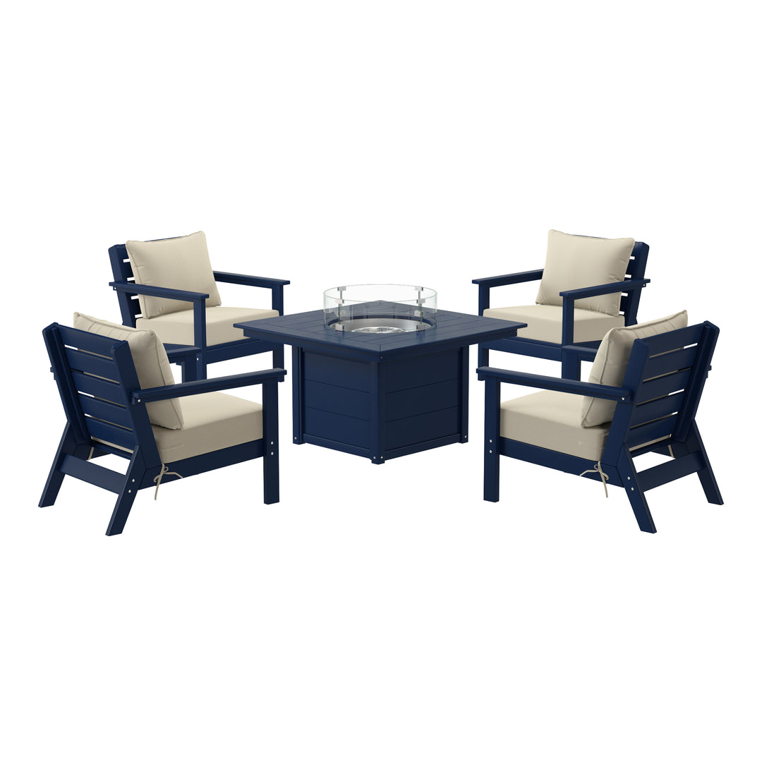 Avalon 5-Piece HDPE Patio Conversation Set with Cushions &amp; Square 42" Fire Pit Table