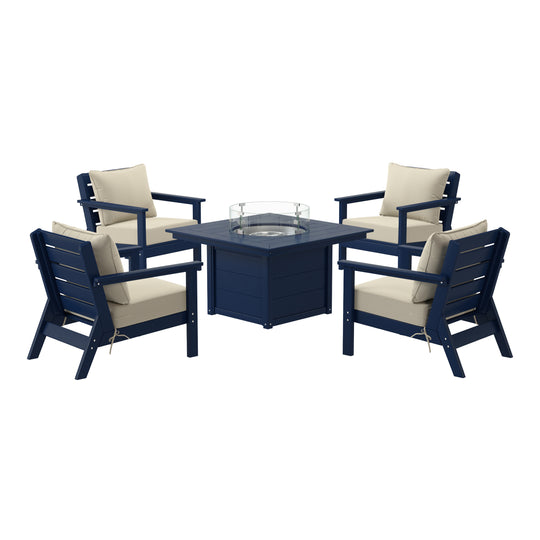 Avalon 5-Piece HDPE Patio Conversation Set with Cushions &amp; Square 42" Fire Pit Table