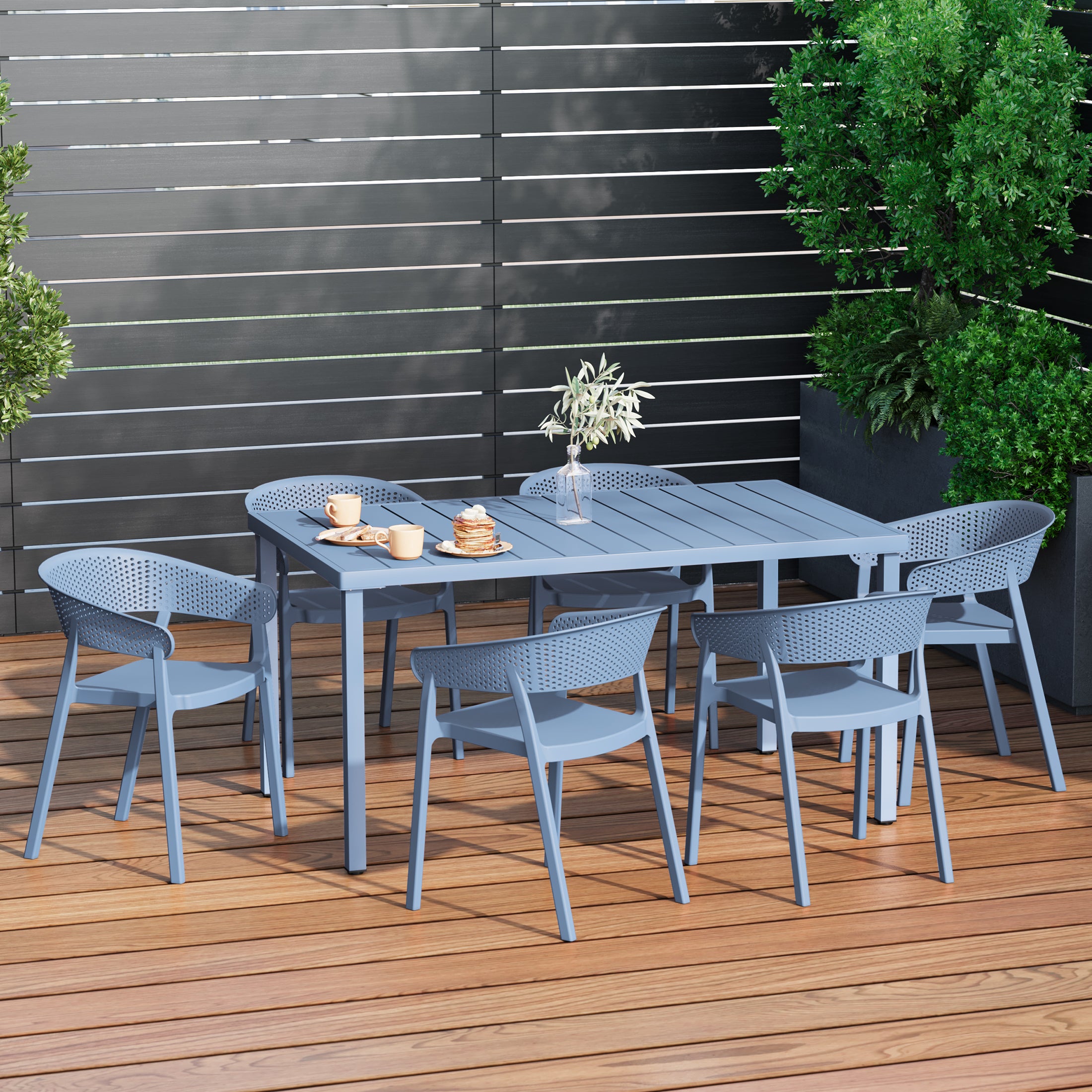 Playa 7-Piece Outdoor Metal Rectangle Patio Dining Table Set With Stackable Patio Dining Chairs