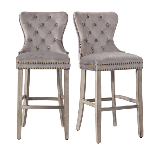 Wordford 29" Tufted Velvet Bar Stool (Set of 2), Antique Gray