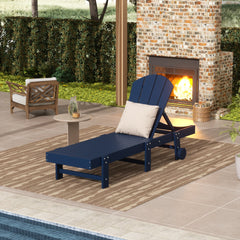 Malibu Adirondack reclining chaise lounge with wheels in Navy Blue styled outdoors