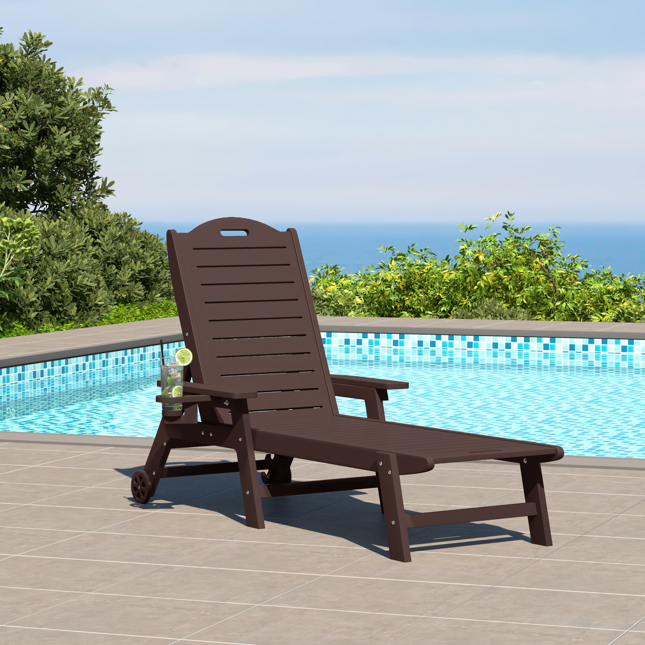 Aruba Outdoor HDPE Patio Chaise Lounge With Wheels & Cup Holder