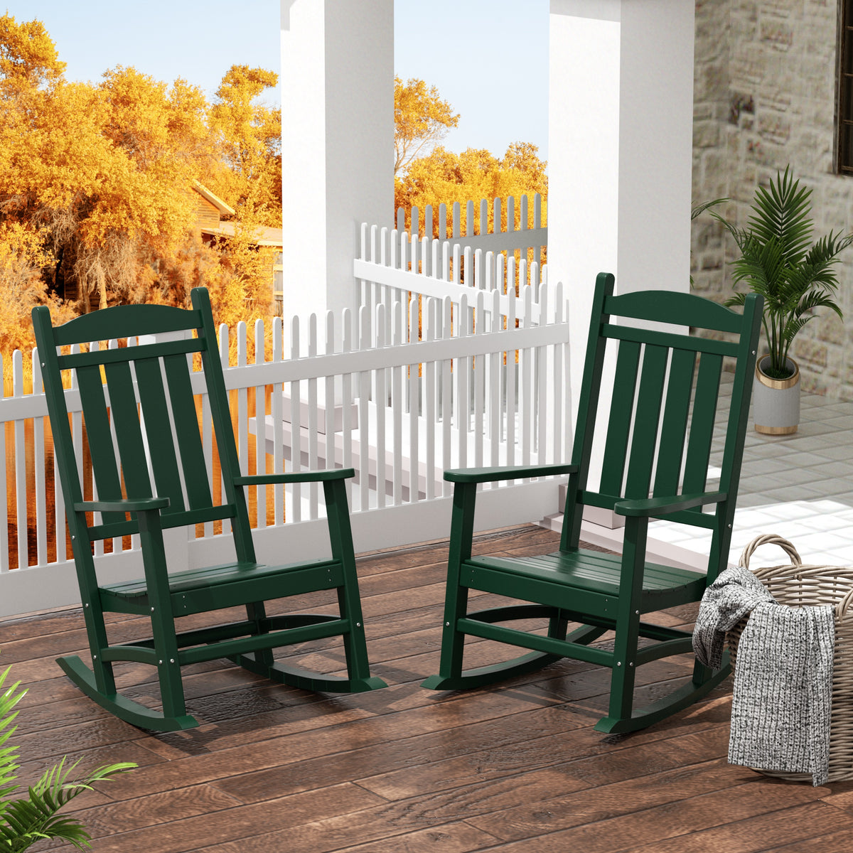 Malibu rocking chair in Dark Green styled outdoors