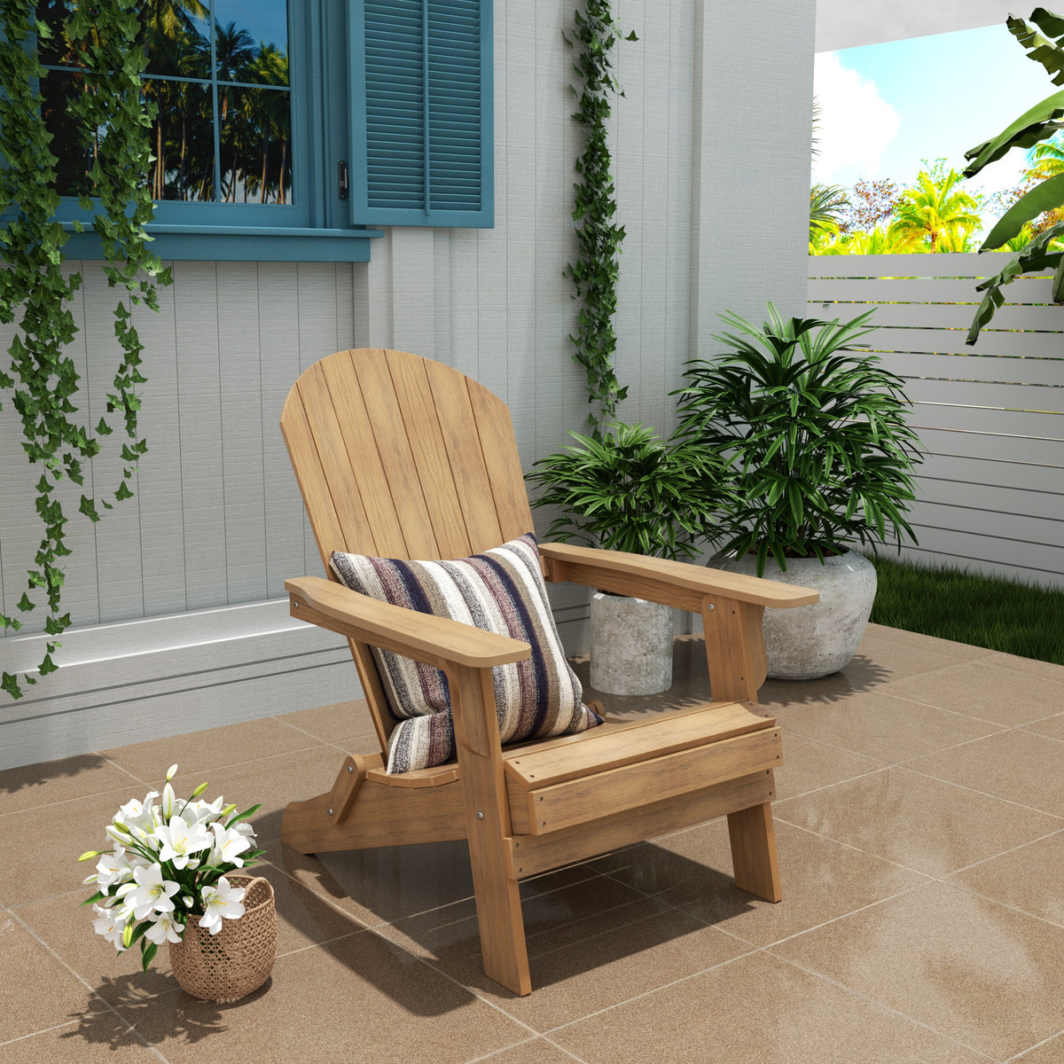 Tuscany folding Adirondack chair in Teak styled outdoors