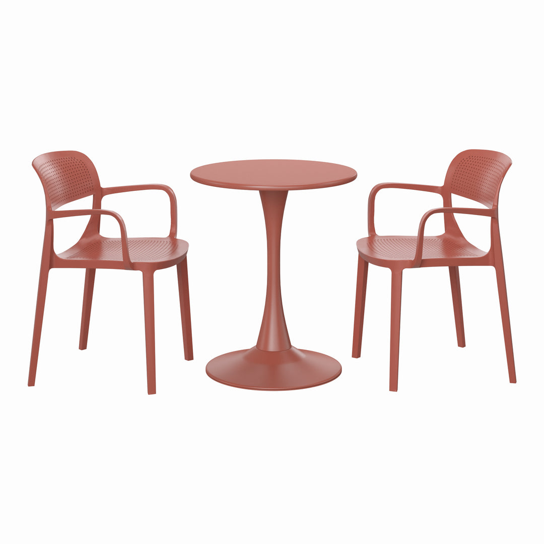 Playa 3-Piece Round Metal Bistro Dining Table Set And Stackable Resin Patio Dining Arm Chairs