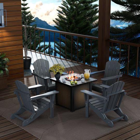 Malibu Modern Folding Poly Adirondack Chair With Square Fire Pit Table Set