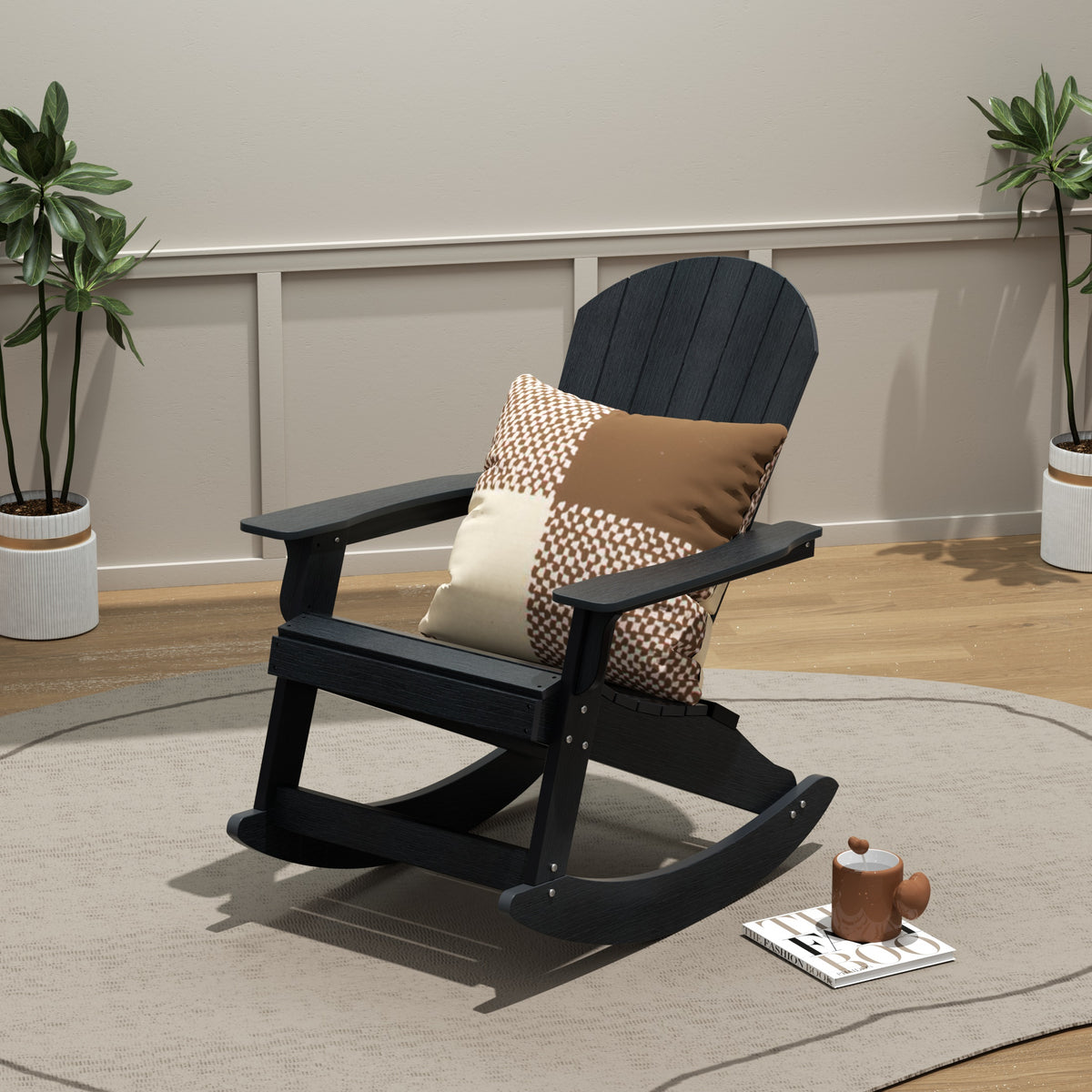 Tuscany Adirondack rocking chair in Black styled outdoors