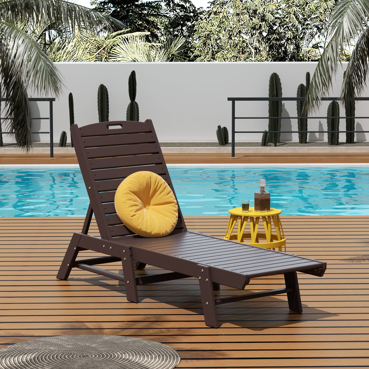 Malibu adjustable reclining chaise lounge in Dark Brown styled outdoors