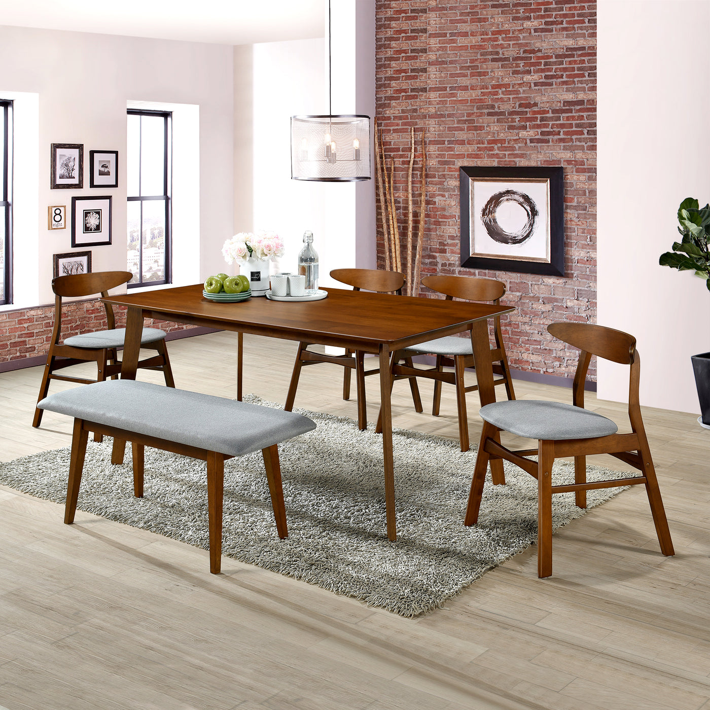 Lalia 6-Piece Solid Wood Upholstered Chair and Dining Table Bench Dining Set