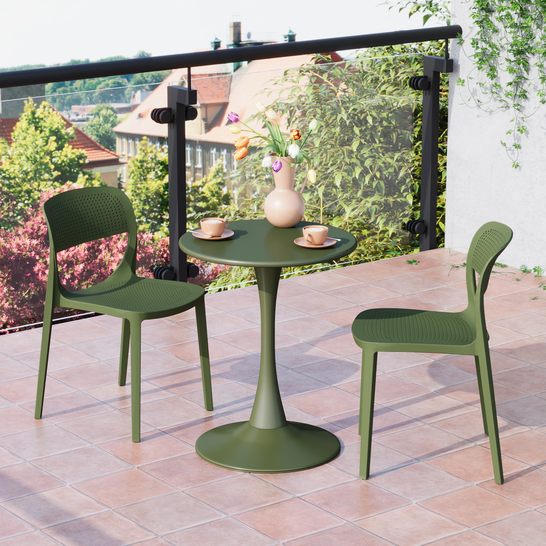 Playa 3-Piece Round Metal Bistro Dining Table Set And Stackable Resin Patio Dining Side Chairs