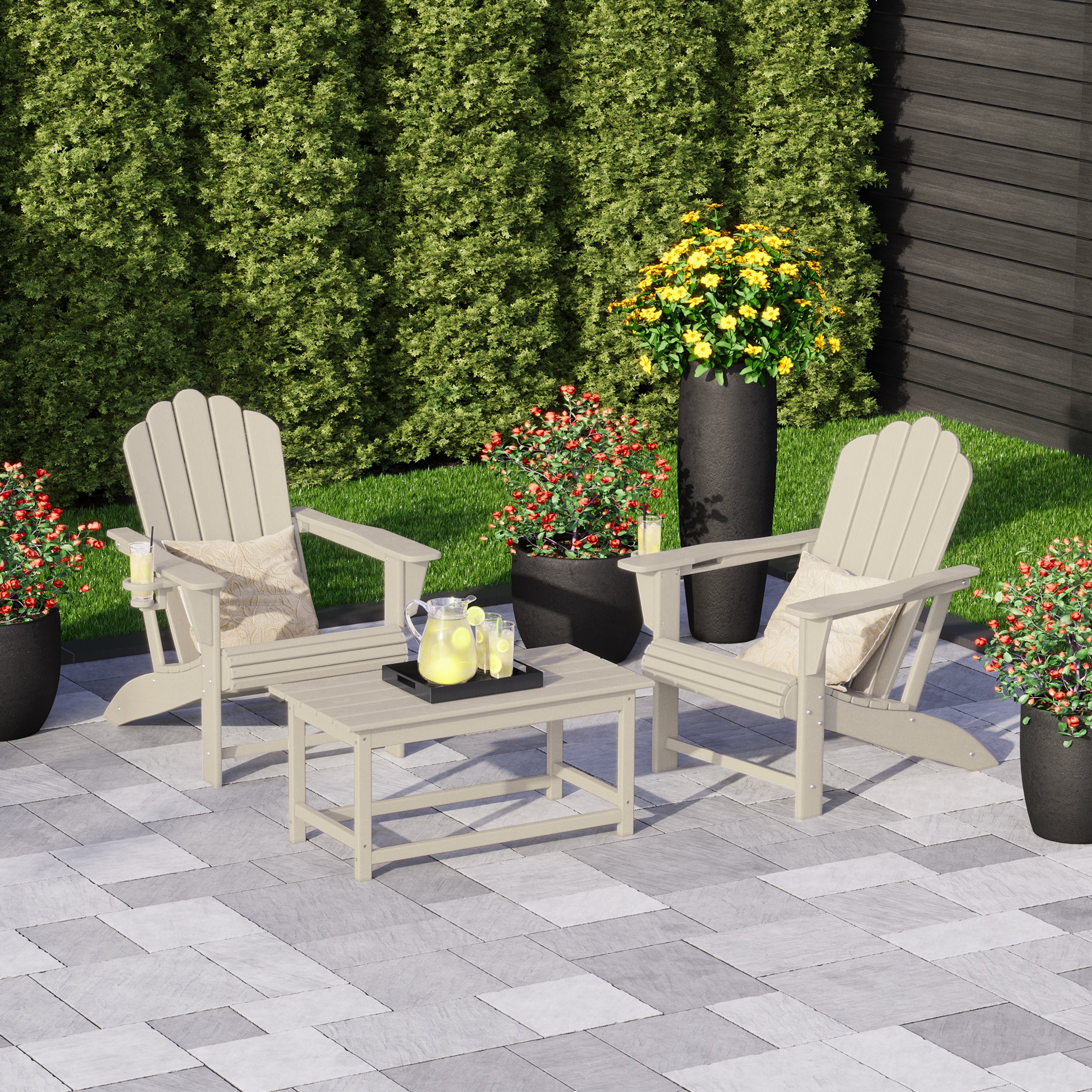 Highland 3-Piece Adirondack Chairs with Cup Holders and Coffee Table Set