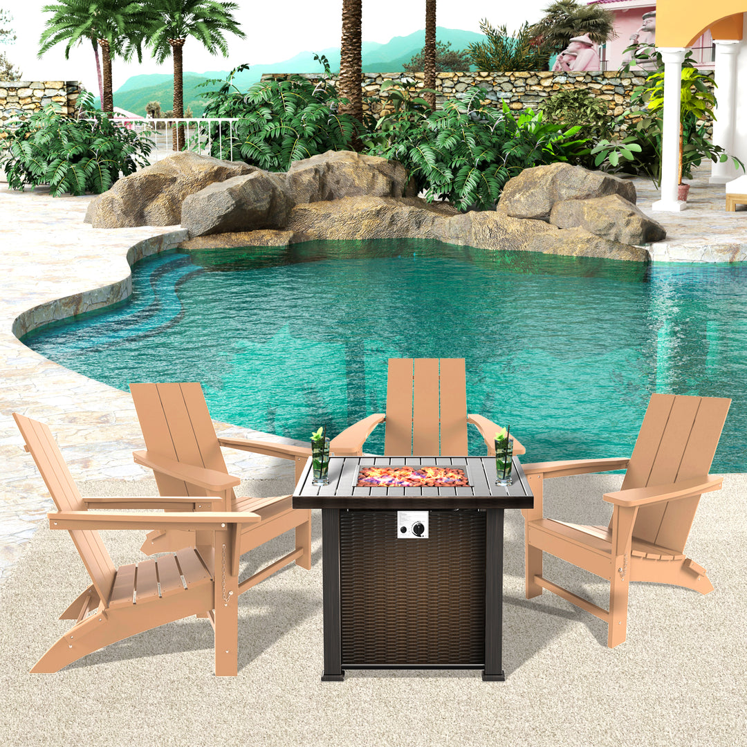 Ashore Modern Folding Poly Adirondack Chair With Square Fire Pit Table Set