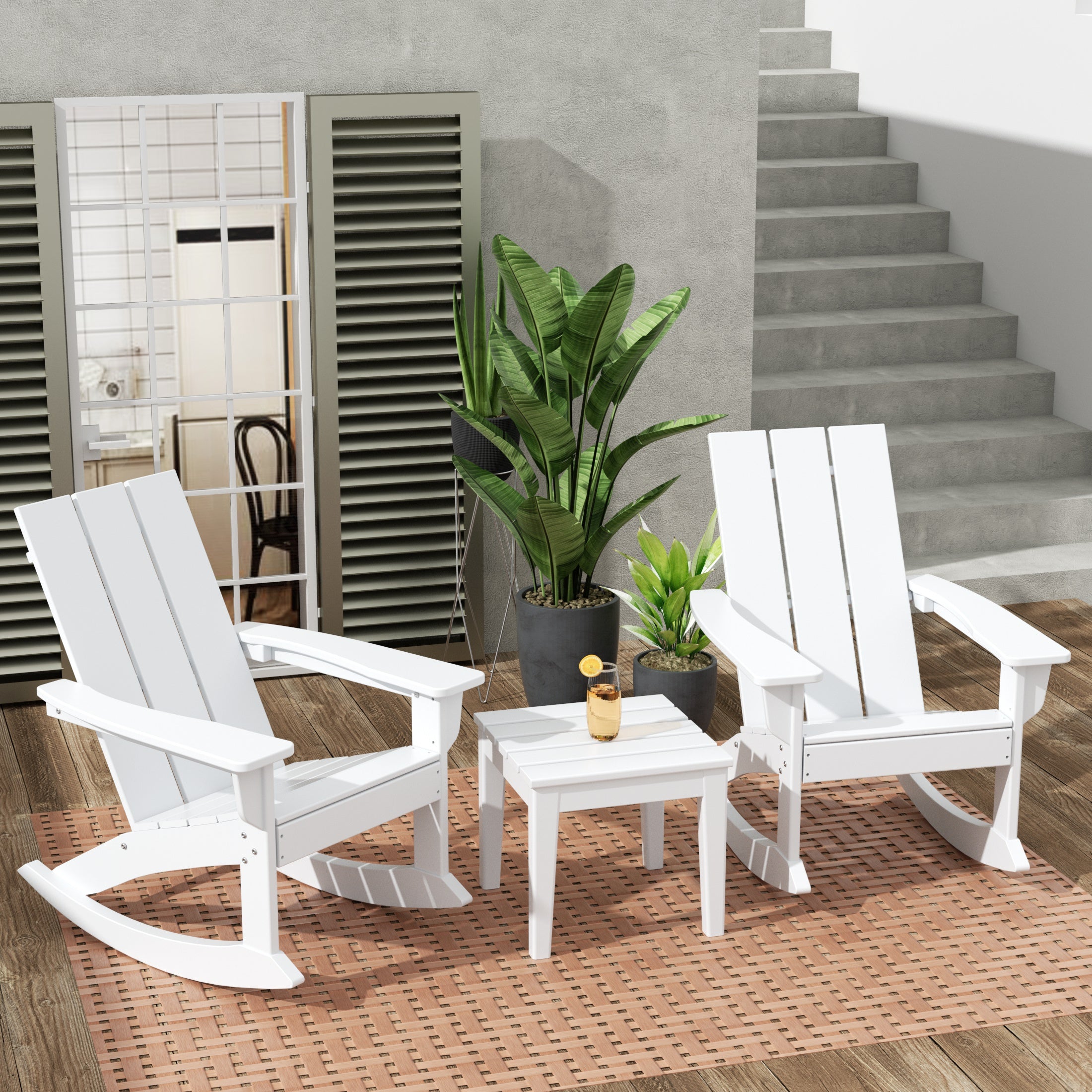 Ashore Modern Rocking Poly Adirondack Chair With Side Table 3-Piece Set