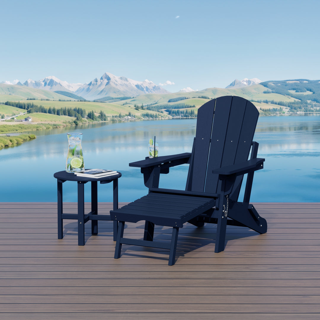 Malibu 2-Piece Outdoor Folding Adjustable Adirondack Chair with Cup Holder & Hideaway Ottoman and 18" Side Table