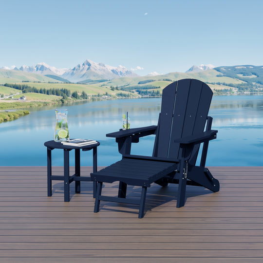 Malibu 2-Piece Outdoor Folding Adjustable Adirondack Chair with Cup Holder & Hideaway Ottoman and 18" Side Table