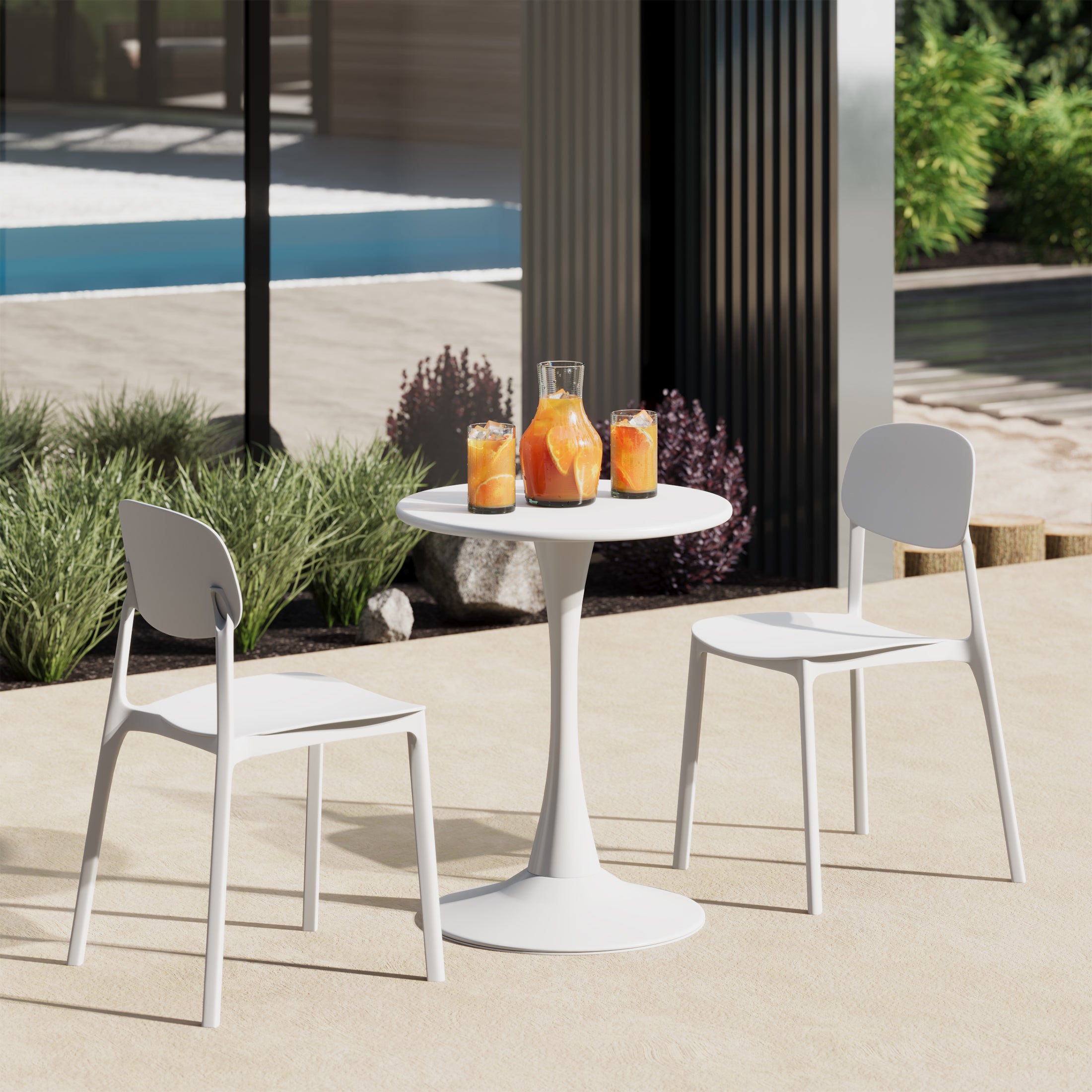 Playa 3-Piece Outdoor Round Metal Patio Dining Table Set With Stackable Resin Patio Side Chairs