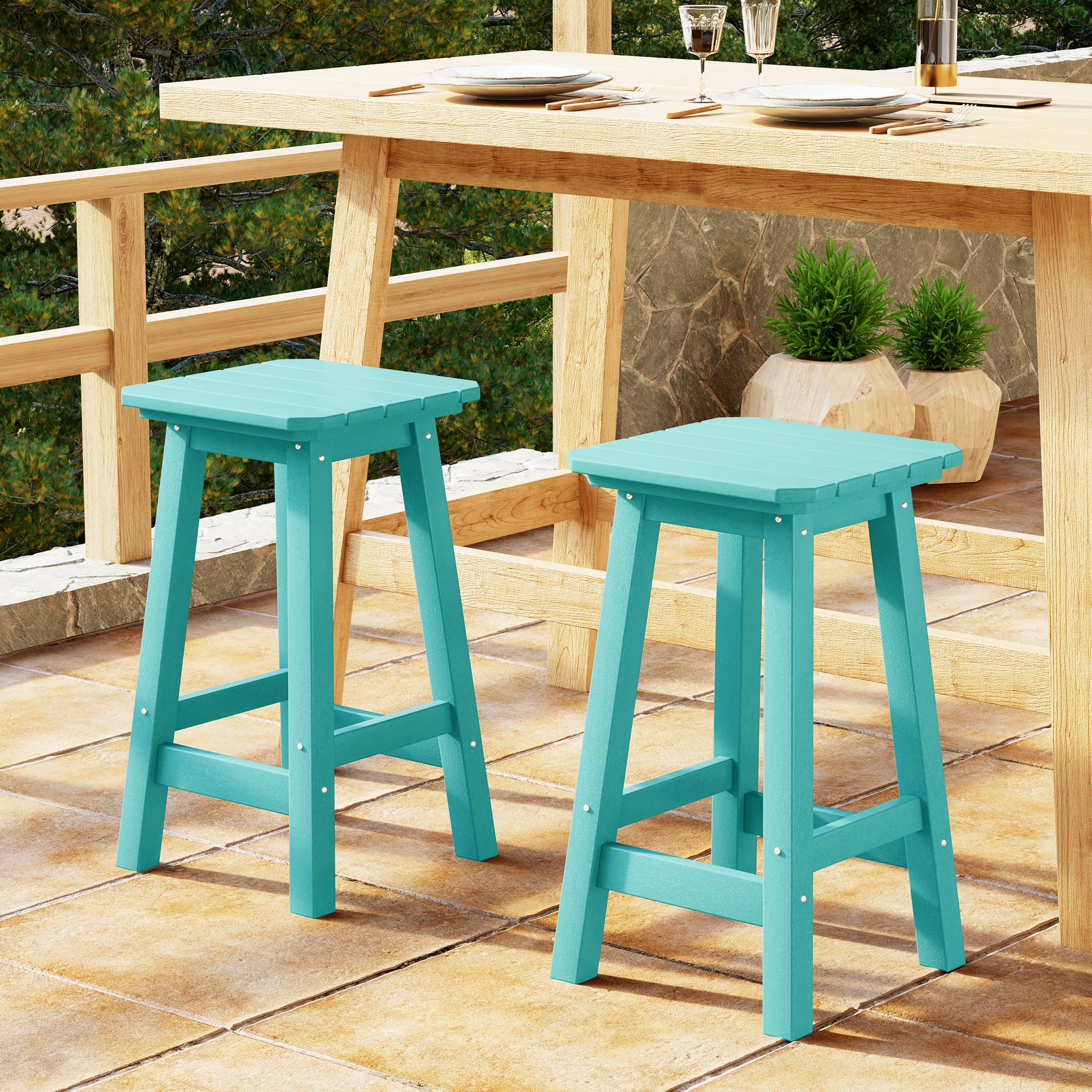 Malibu 24" HDPE Outdoor Patio Counter High Backless Square Bar Stools Set of 2