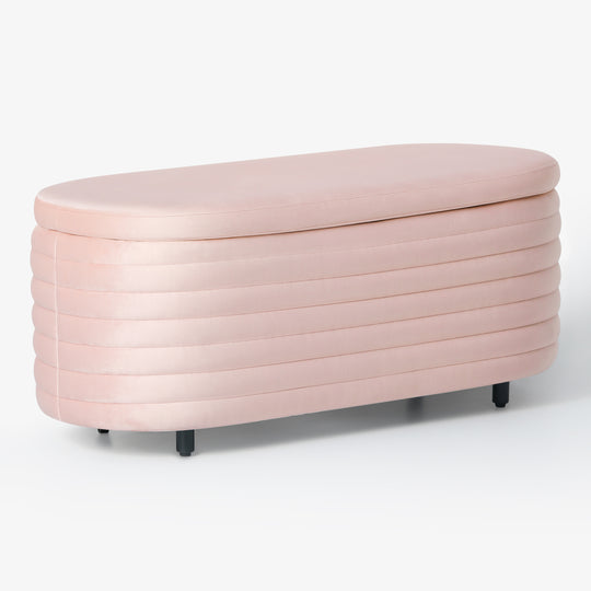 Phoebe 42" Wide Mid-Century Modern Upholstered Velvet Tufted Oval Storage Ottoman Bench