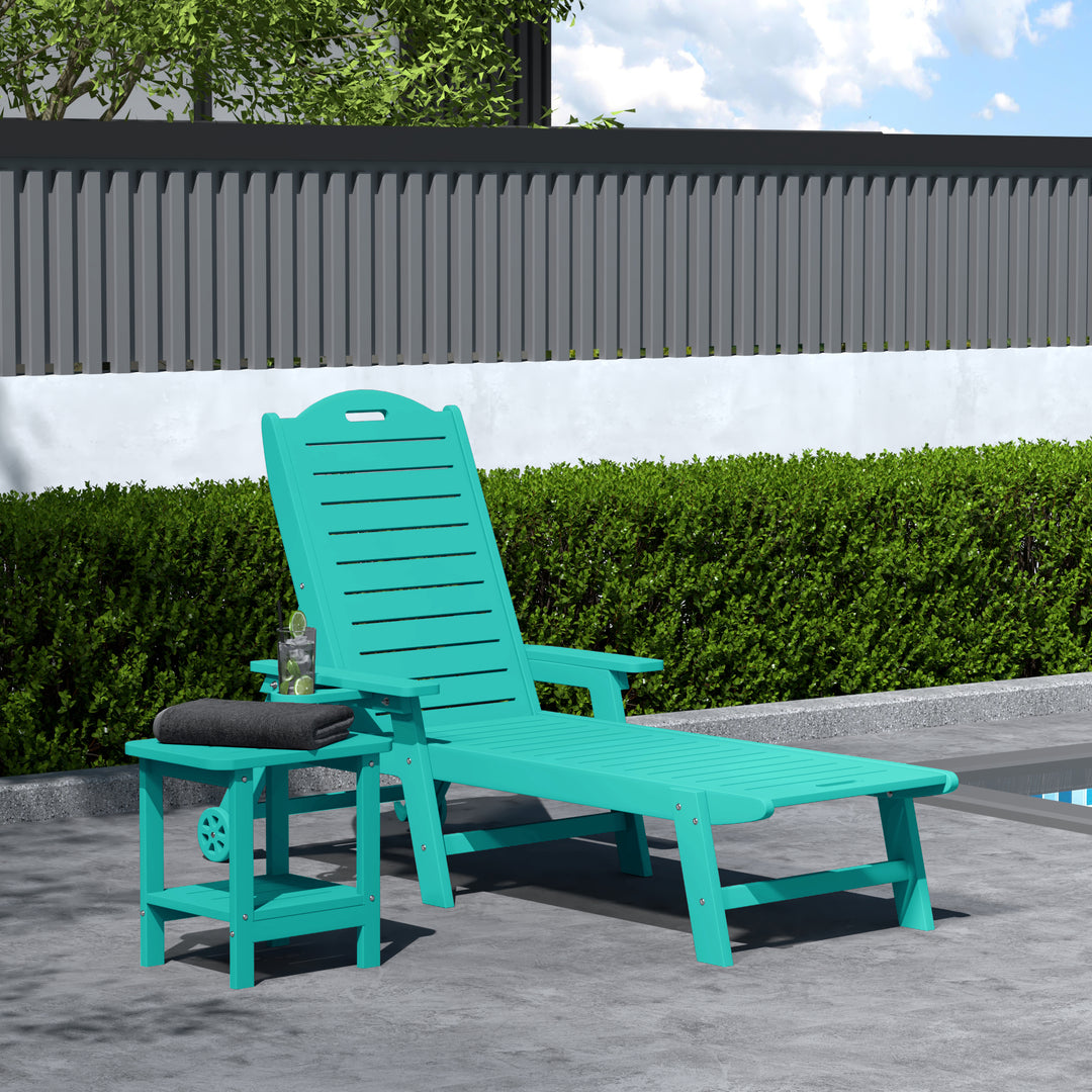 Aruba 2-Piece Outdoor Patio Chaise Lounge Chair with Wheels & Cup Holder with Patio Side Table