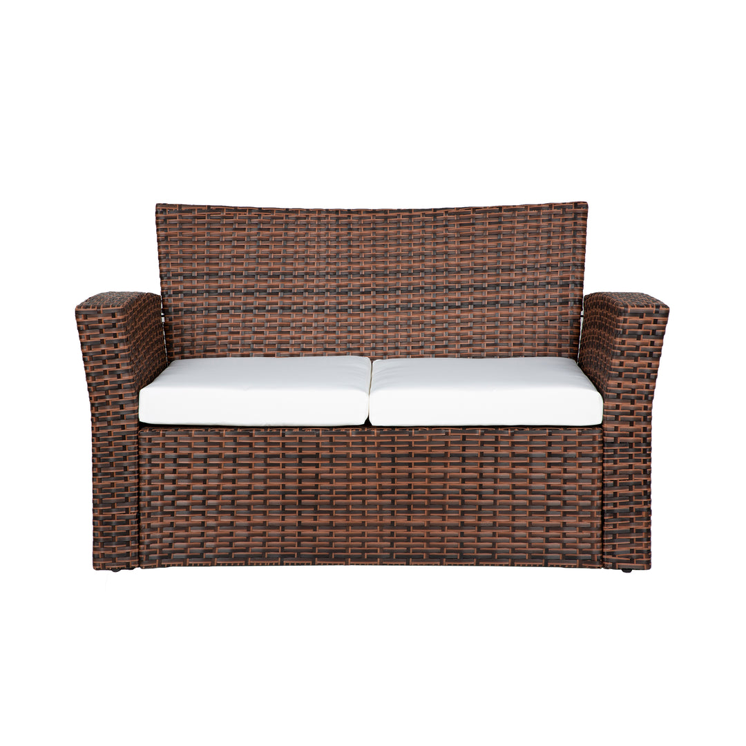 Coastal 4-Piece Brown Outdoor Patio Conversation Sofa Set with Square Fire Pit Table